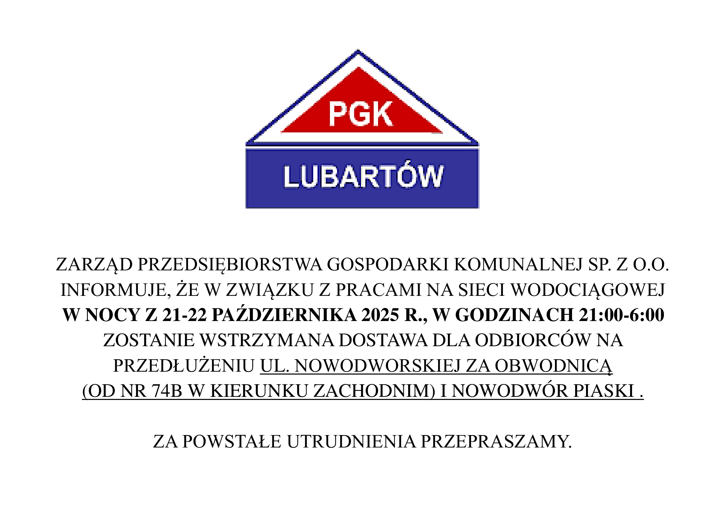 Wstrzymanie dostaw wody - 21.10.2025